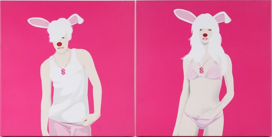 Foon Foono, Portraits of Women with Bunny Ears, Screenprint on Canvas