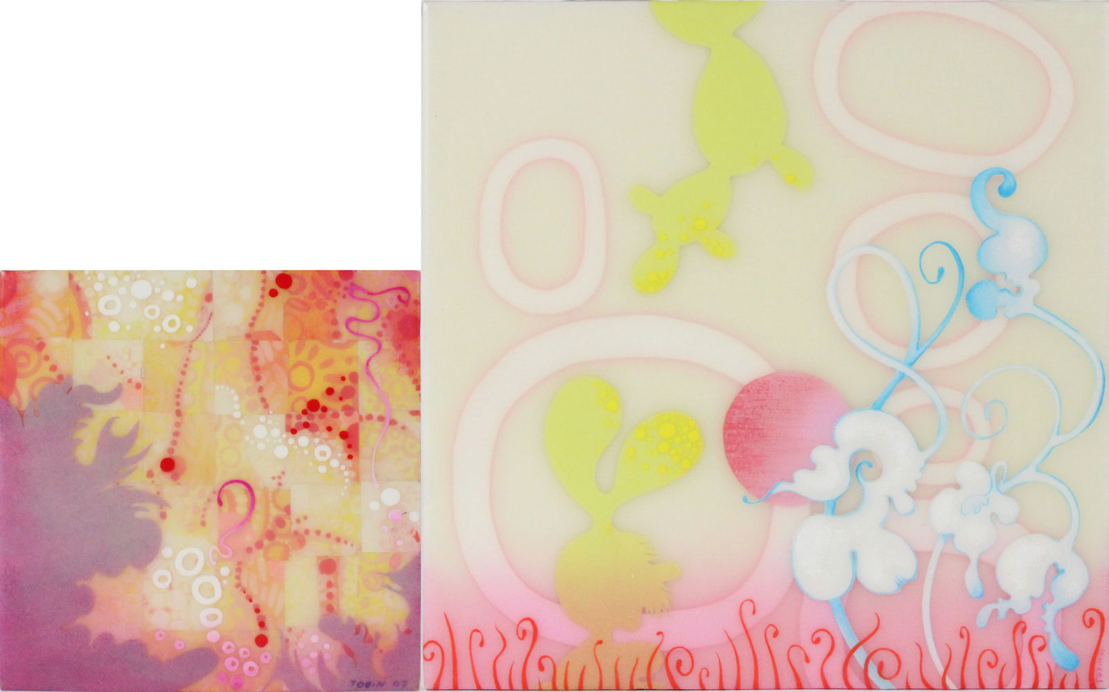 Nancy Tobin, Tickle I and Tickle II, Acrylic and Paper on Panel: Nancy TobinTickle I and Tickle IIAcrylic and Paper on Panel2007, signed and labeled verso.6 x 6 in. (15.2 x 15.2 cm.), and 10 x 10 in. (25.4 x 25.4 cm.)