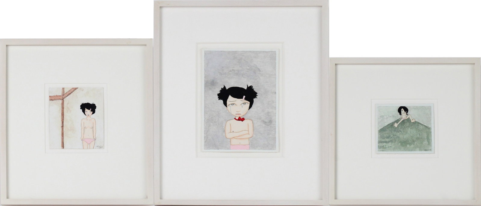 Kyung Jeon, Photo Album: Girl with Pink Barrette, Mixed Media: Kyung Jeon Photo Album: Girl with Pink Barrette Mixed Media Subtitled "Red Bow Crying Class Photo, 2008", "In Corner, 2008", and "Taking Off Panties, 2008", gouache, graphite, watercolor on rice paper