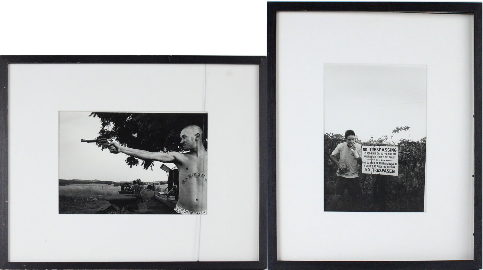 Tobin Yelland, Two Portraits, Black and White Photograph: Tobin Yelland Two Portraits Black and White Photograph One of a teenage boy eating an apple next to a No Trespassing Sign and one of a tattooed man pointed a gun. Both signed in pencil on the verso. S