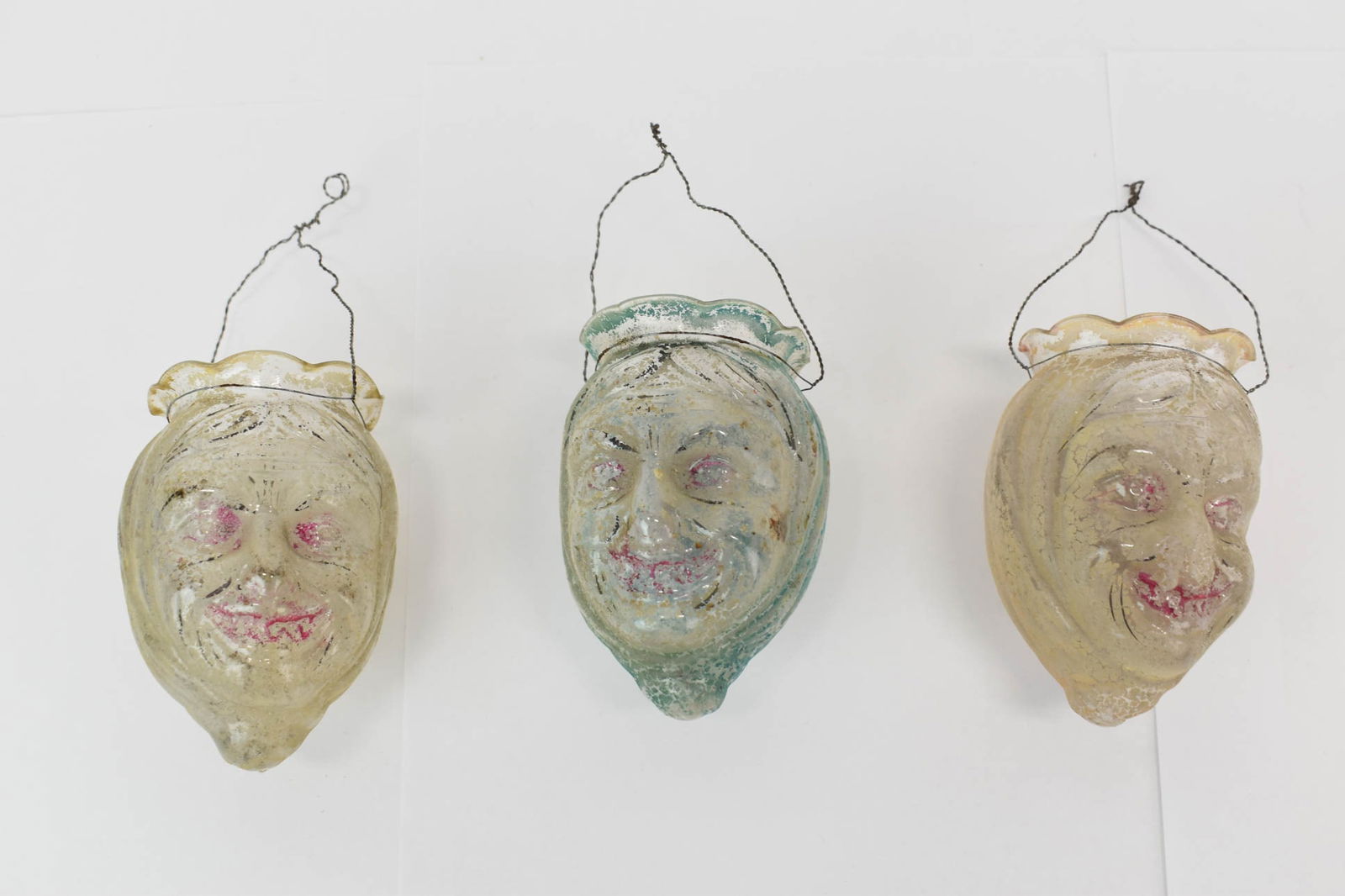 Vintage Group of Three Witch Clip on Glass Lanterns: Vintage Group of Three Witch Clip on Glass LanternsVintage Group of Three Witch Clip on Glass Christmas Lanterns. Used condition, wear, worn, losses, one damaged on nose and clip bottom, paint losses.