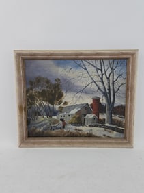 Oil on Board, Winter Scene of Farm