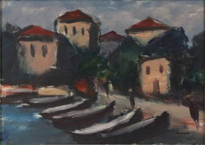 Arnošt Folprecht, Czech 1902-1977, Harbor Scene, Oil on Board