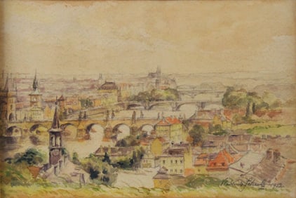 Bird's Eye View of Prague, Watercolor on Paper