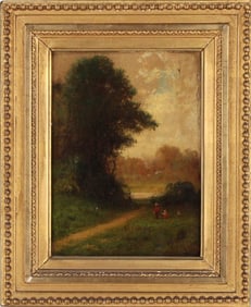 Oil on board of Small Figures In Wooded Path