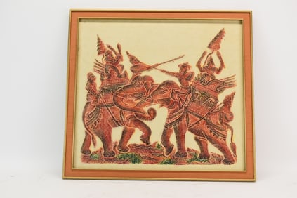 Thai Woodblock Print of Elephant Battle Scene