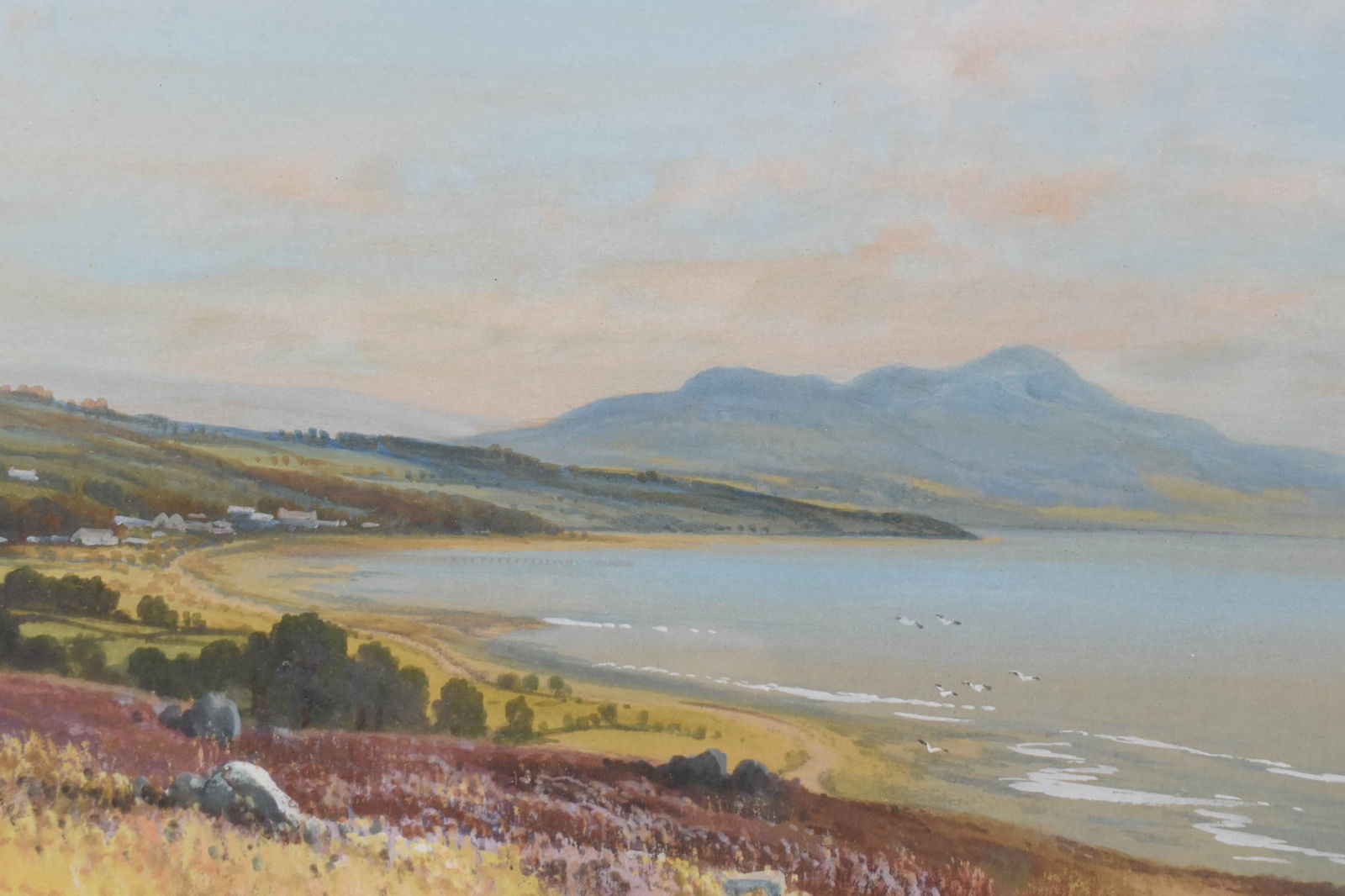 G. Trevor Framed Watercolor of Whiting Bay, Scotland: G. Trevor Framed Watercolor of Whiting Bay, ScotlandG. Trevor Framed Watercolor on paper of Whiting Bay, Scotland in gilt frame with cream mat, signed lower left "G. Trevor"; used condition, wear/worn