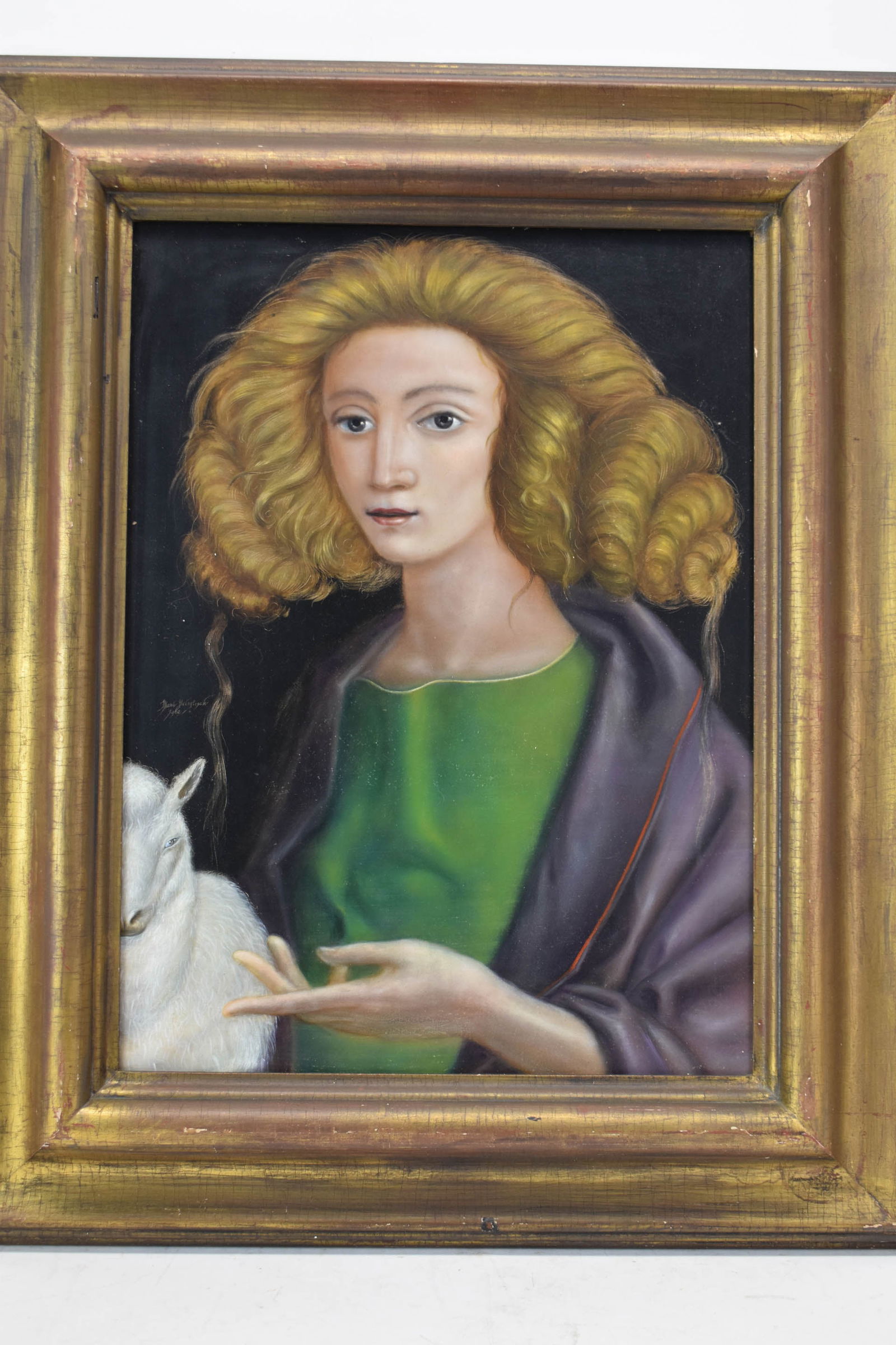 Mani Deligtisch Oil on Board of Woman and Animal: Mani Deligtisch Oil on Board of Woman and AnimalMani Deligtisch Oil on Board of Woman and Animal, signed middle left and dated 1962. Used condition, craquelure. Framed size 27" tall x 22 1/2" x 2" dee