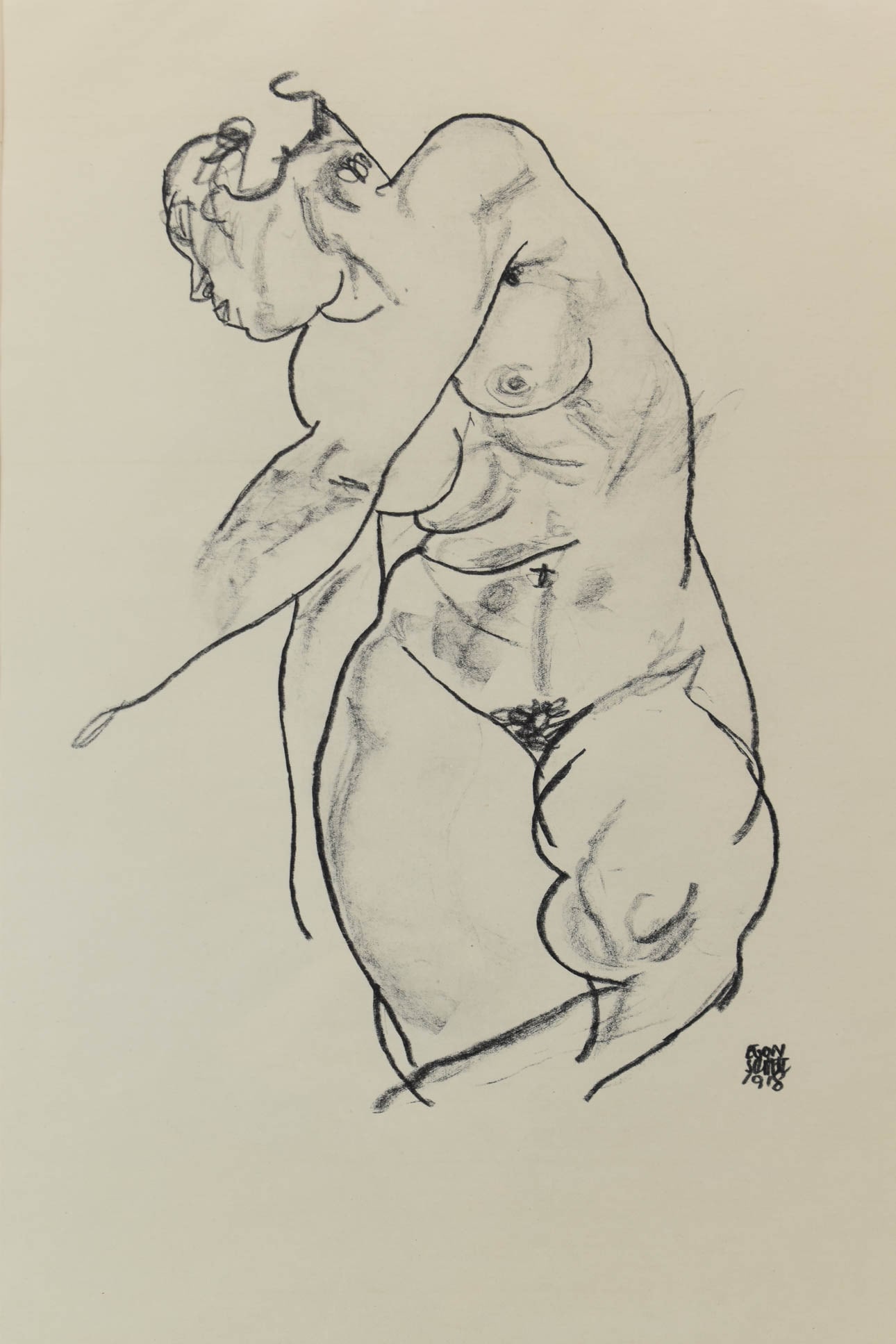 Egon Schiele Framed Print of Nude Woman: Egon Schiele Framed Print of Nude Woman Egon Schiele Framed Print of Nude Woman, signed in plate lower right, framed in wood frame with white mat, published in the Strache Portfolio 1920, in an editio