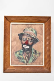 Fedorsky, Oil on Canvas Board of Sad Clown in Wood Frame