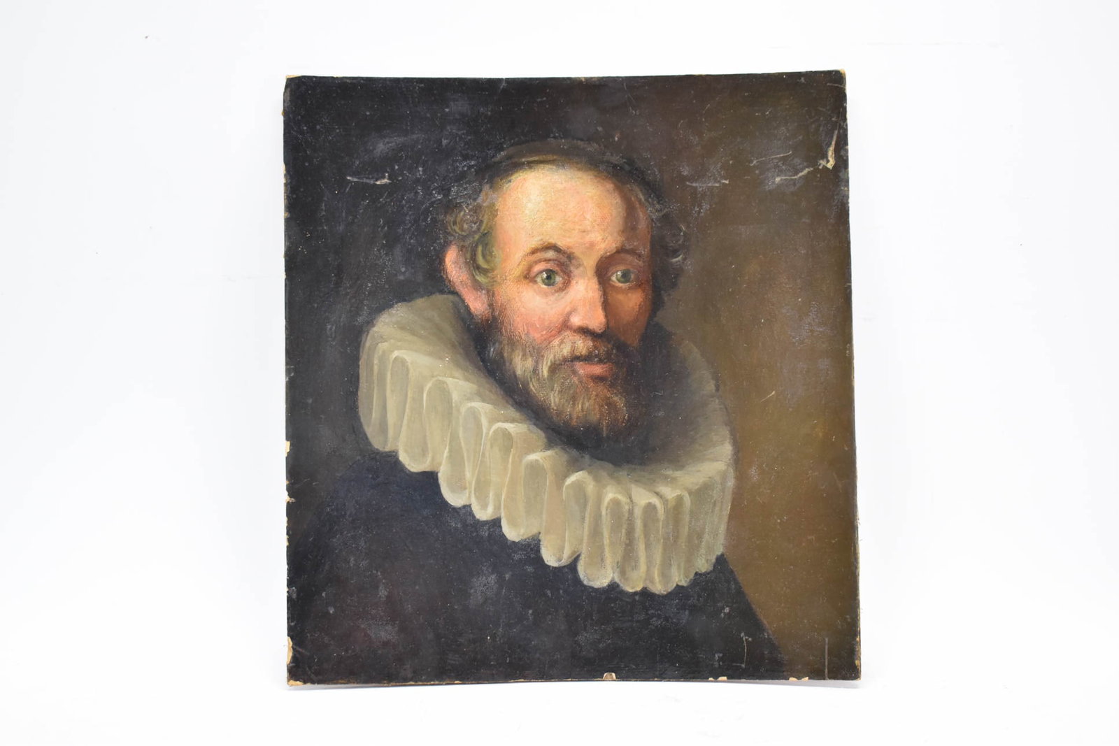 Oil Laid Down on Board of Renaissance Period Gentleman: Oil Laid Down on Board of Renaissance Period Gentleman Oil Laid Down on Board of Portrait of Renaissance Period Gentleman wearing a ruff; used condition, wear/worn, surface distress, losses at edges, 