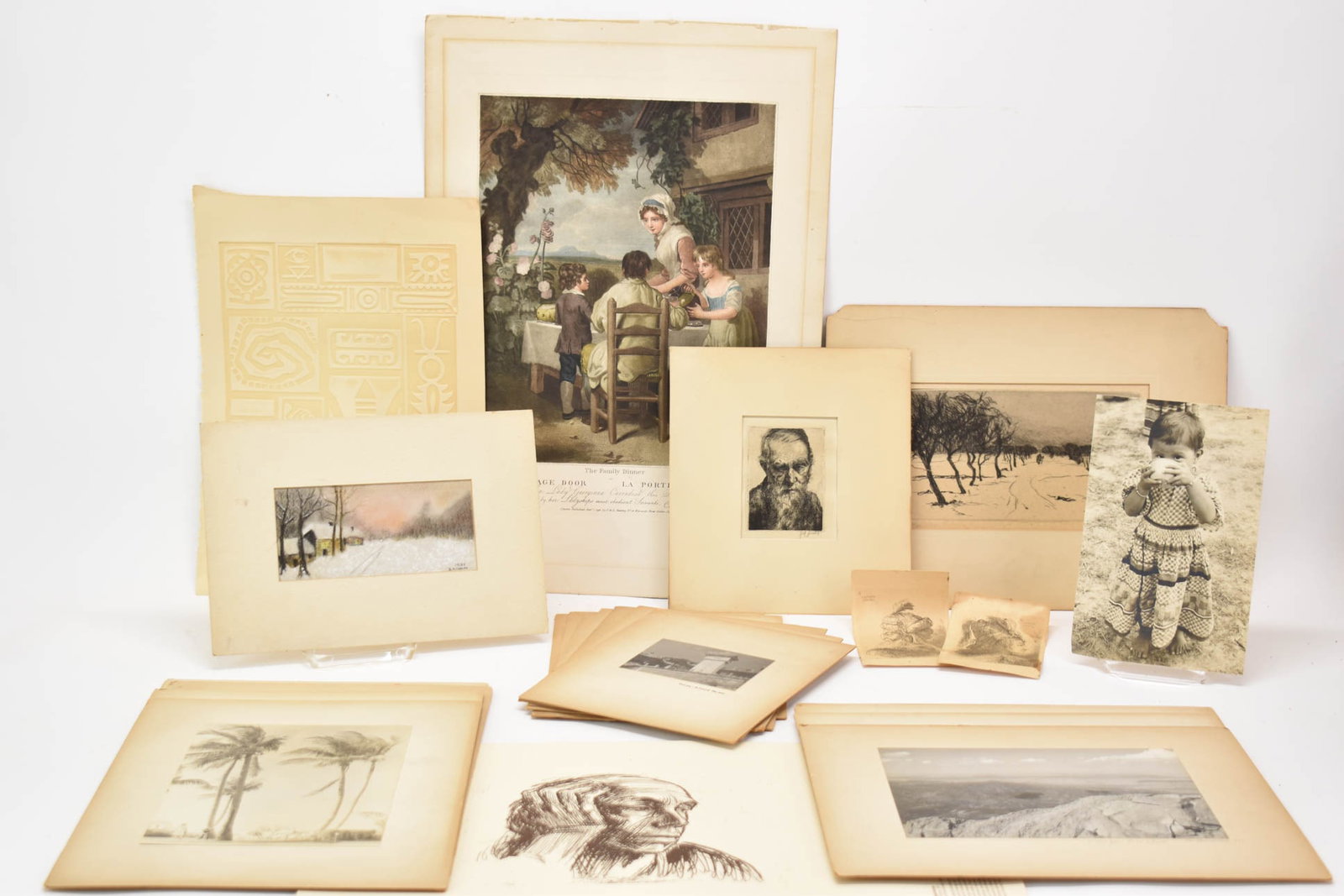 Group of Assorted Artwork and Photographs: Group of Assorted Artwork and Photographs Group of Assorted Artwork and Photographs including a French print titled "The Family Dinner", horse racing print from Belmont featuring Secretariat, a Harris