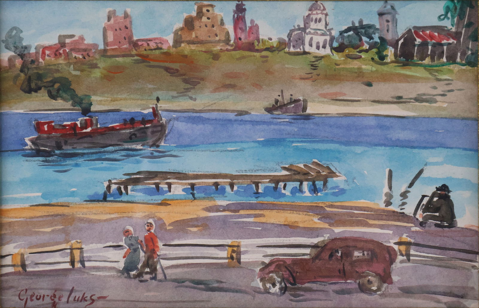 After George Benjamin Luks, 1867-1933, Canal Scene, Watercolor and Gouache: After George Benjamin Luks1867-1933Canal SceneWatercolor and GouacheSigned l.l.Sight: 5 x 7 3/4 in. (12.7 x 19.7 cm.), Frame: 10 x 13 in. (25.4 x 33 cm.)