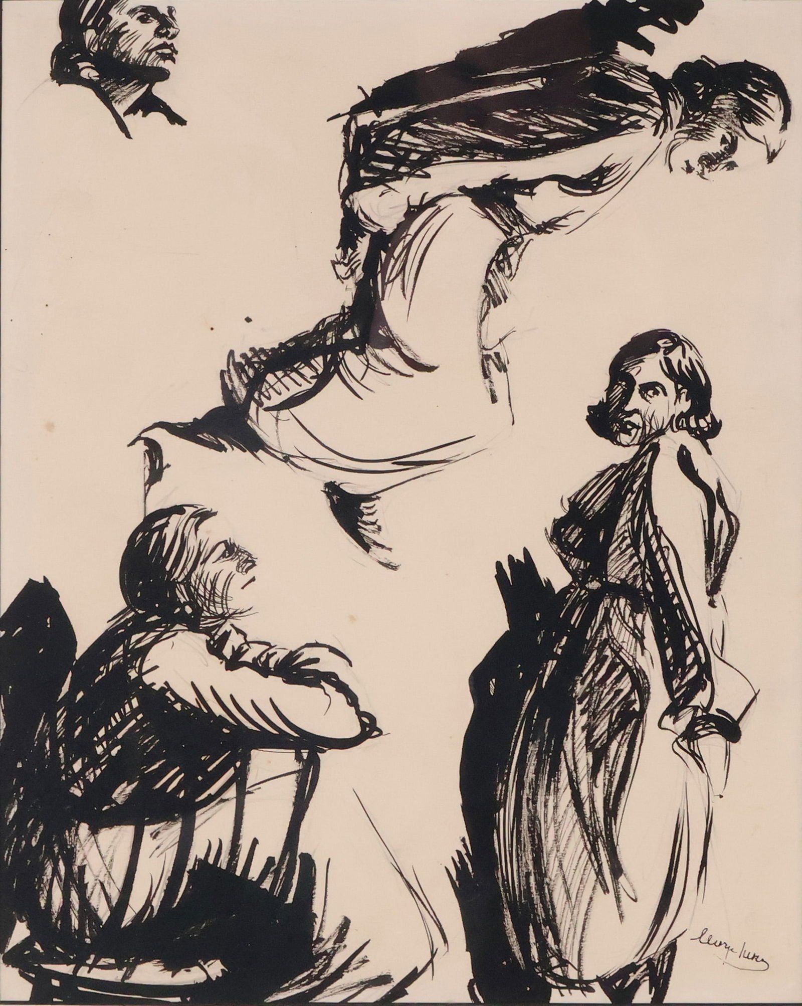 After George Benjamin Luks, 1867-1933, Studies of Women, Ink on Paper: After George Benjamin Luks1867-1933Studies of WomenInk on PaperDouble sided, signed l.r.Sight: 13 1/2 x 11 in. (34.3 x 27.9 cm.), Frame: 20 3/4 x 17 3/4 in. (52.7 x 45.1 cm.)