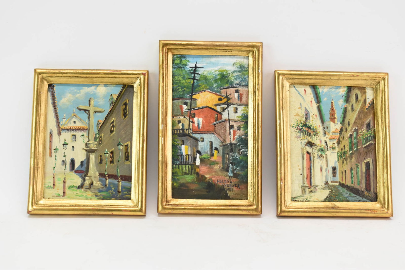 Three Oil on Board in Gilt Wood Frames: Three Oil on Board in Gilt Wood FramesThree Oil on Board in Gilt Wood Frames, all signed lower right or lower left; used condition, wear/worn, surface distress, losses to gilt; largest frame size meas