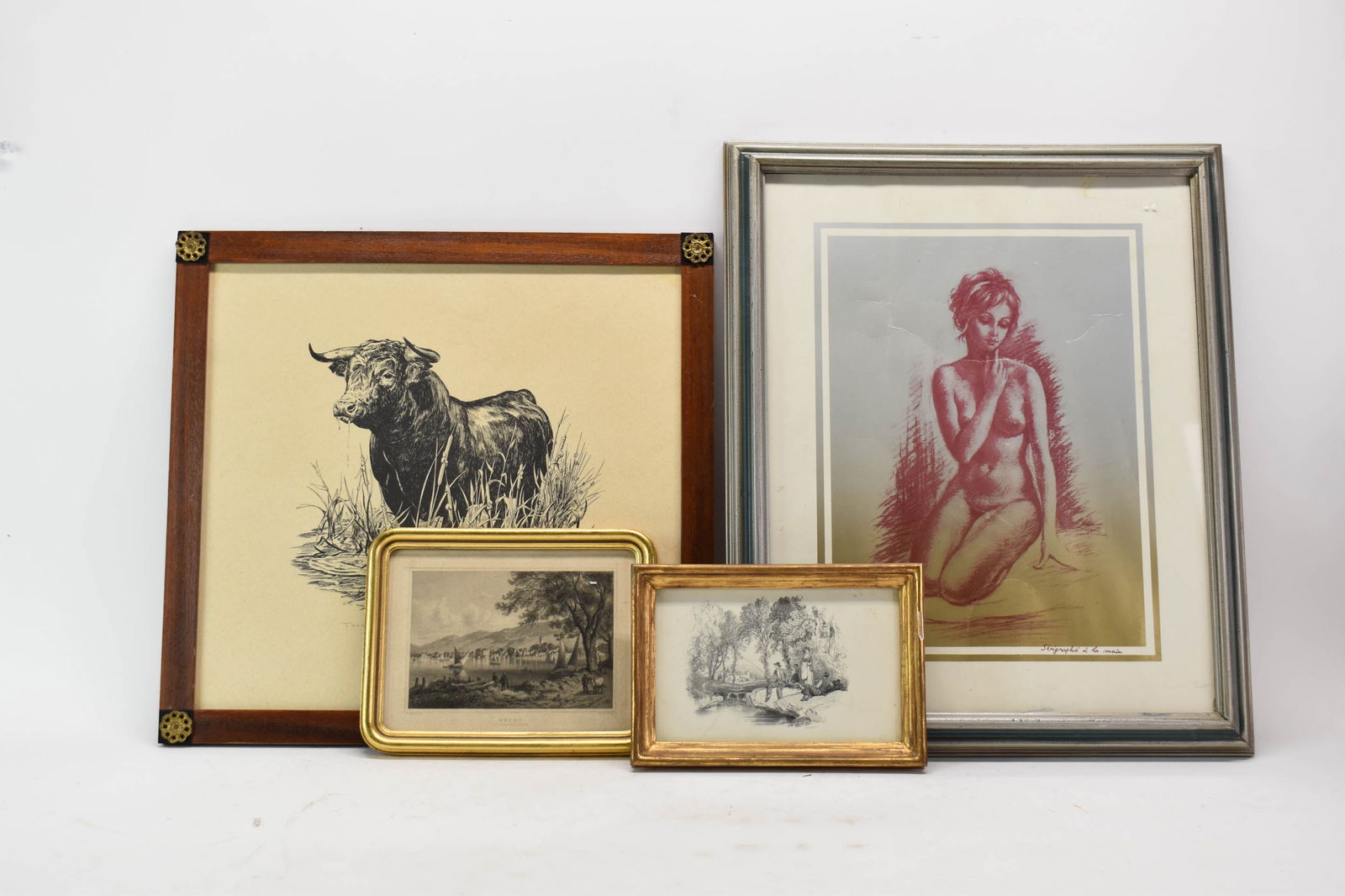 Group of Four Framed Works of Art: Group of Four Framed Works of ArtGroup of Four Framed Works of Art including two small antique prints in gilt frames, a large framed print of a nude woman, and a large print of a bull in the marsh tit