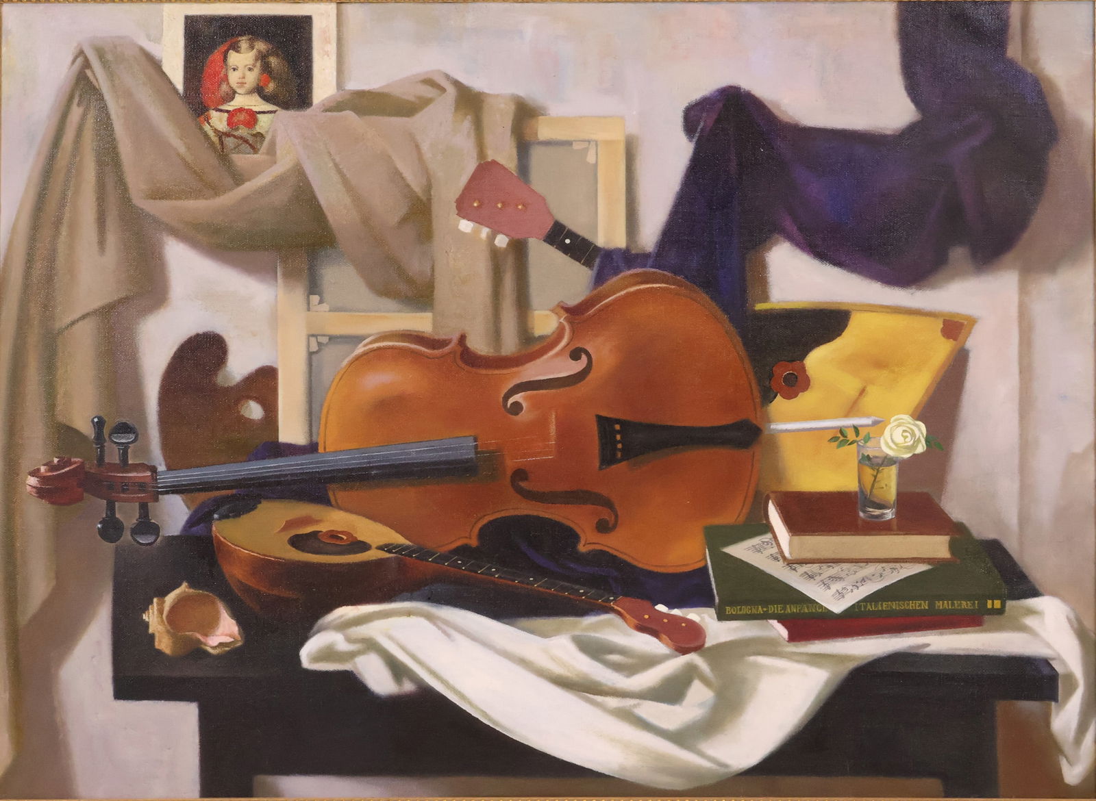 Victor Lyusyuk, Still Life of Musical Instruments, Oil on Canvas: Victor LyusyukStill Life of Musical InstrumentsOil on CanvasSigned verso.Sight: 39 3/4 x 44 3/4 in. (101 x 113.7 cm.), Frame: 46 1/4 x 51 1/2 in. (117.5 x 130.8 cm.)