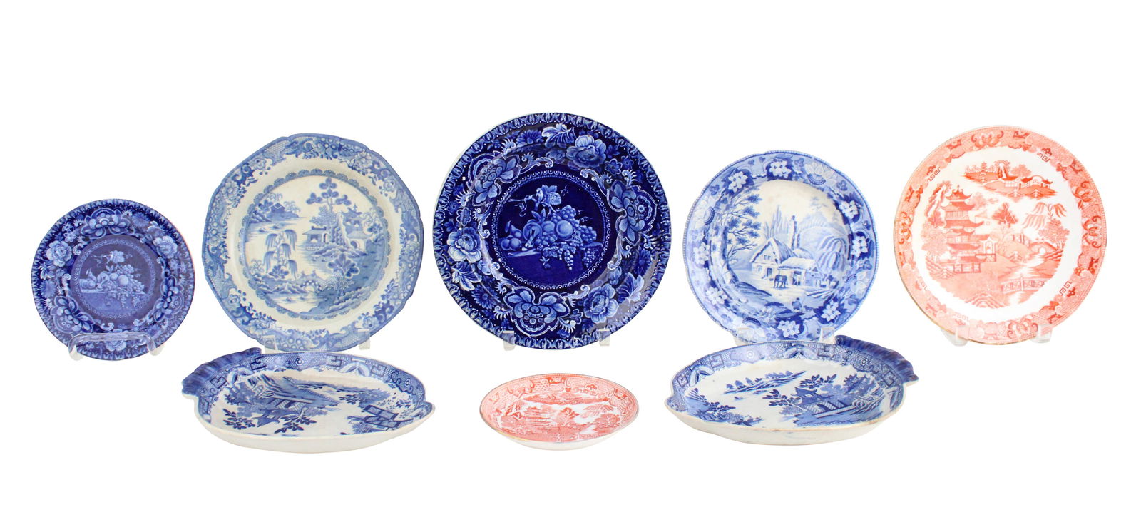 Group of Eight Transferware Plates: Group of Eight Transferware PlatesComprising, a Staffordshire birds and fruit blue and white plate and soup dish, a Coalport orange saucer and plate, a Davenport plate, a plate marked "Turner's Patem"