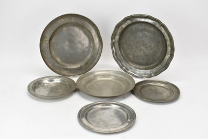 Antique Group of Six Assorted Pewter Plates and Trays