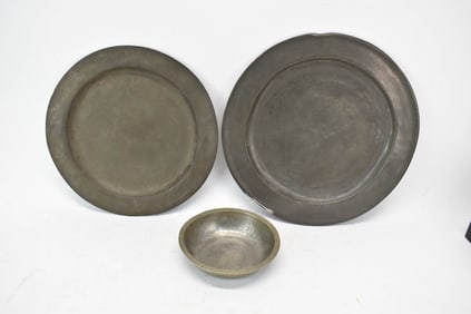Two Antique Pewter Chargers
