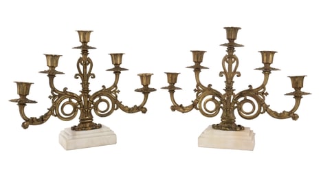 Pair of Ornate Five-Light Gilt-Bronze Candelabra