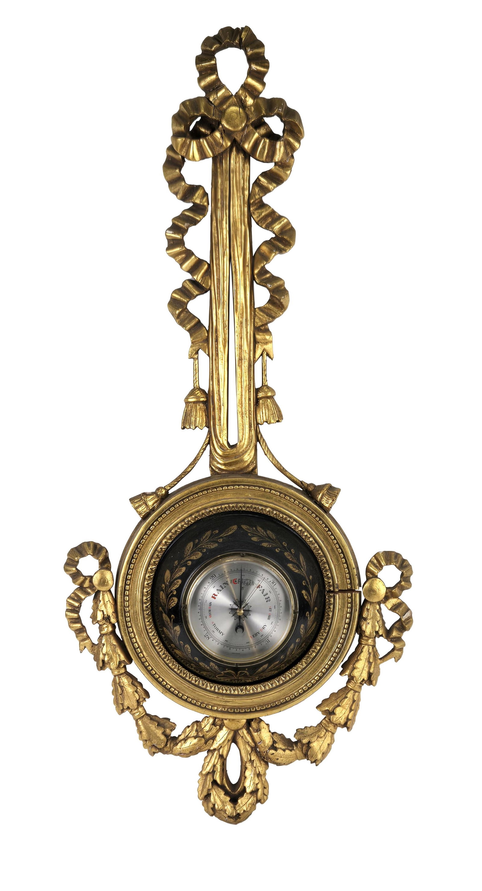Louis XVI Style Giltwood Barometer: Louis XVI Style Giltwood Barometer 19th/20th C. Losses, wear, surface distress. 39 x 17 in. (99.1 x 43.2 cm.)