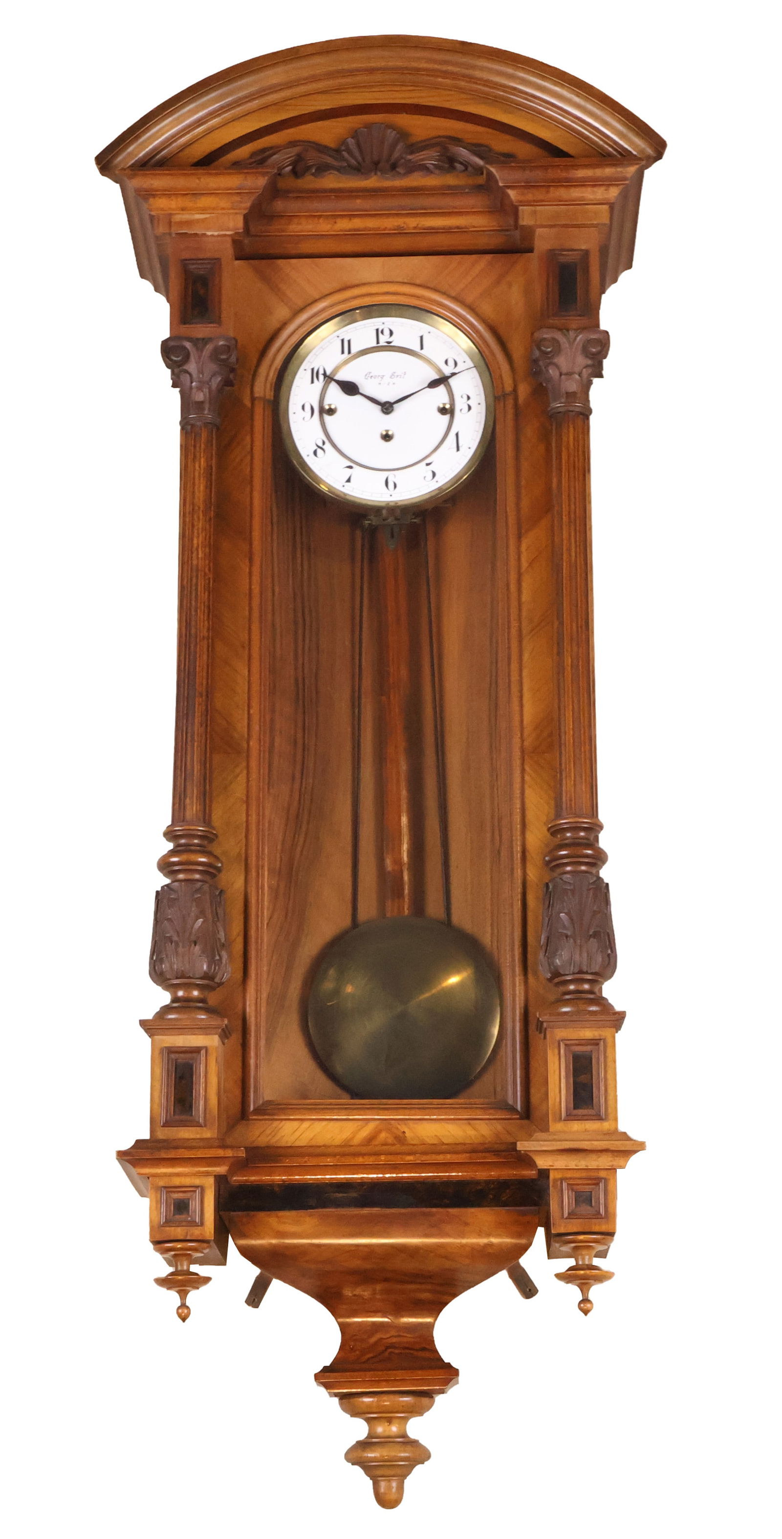 Georg Srit Vienna Fruitwood Regulator Wall Clock: Georg Srit Vienna Fruitwood Regulator Wall ClockGerman, 19th C.Provenance: Purchased in 198548 x 19 x 8 in. (121.9 x 48.3 x 20.3 cm.)