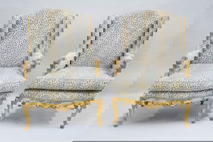 Pair of Chenille Upholstered Louis XV Gilt Frame Arm Chairs