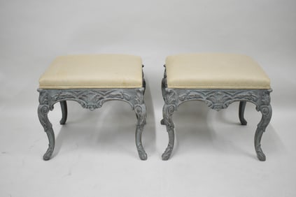 Pair of Rococo Style Painted Ottomans