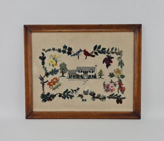 Framed Needlework of House with Animals
