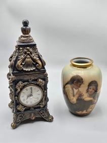 Two Decorative Mantle Pieces, Clock and jar