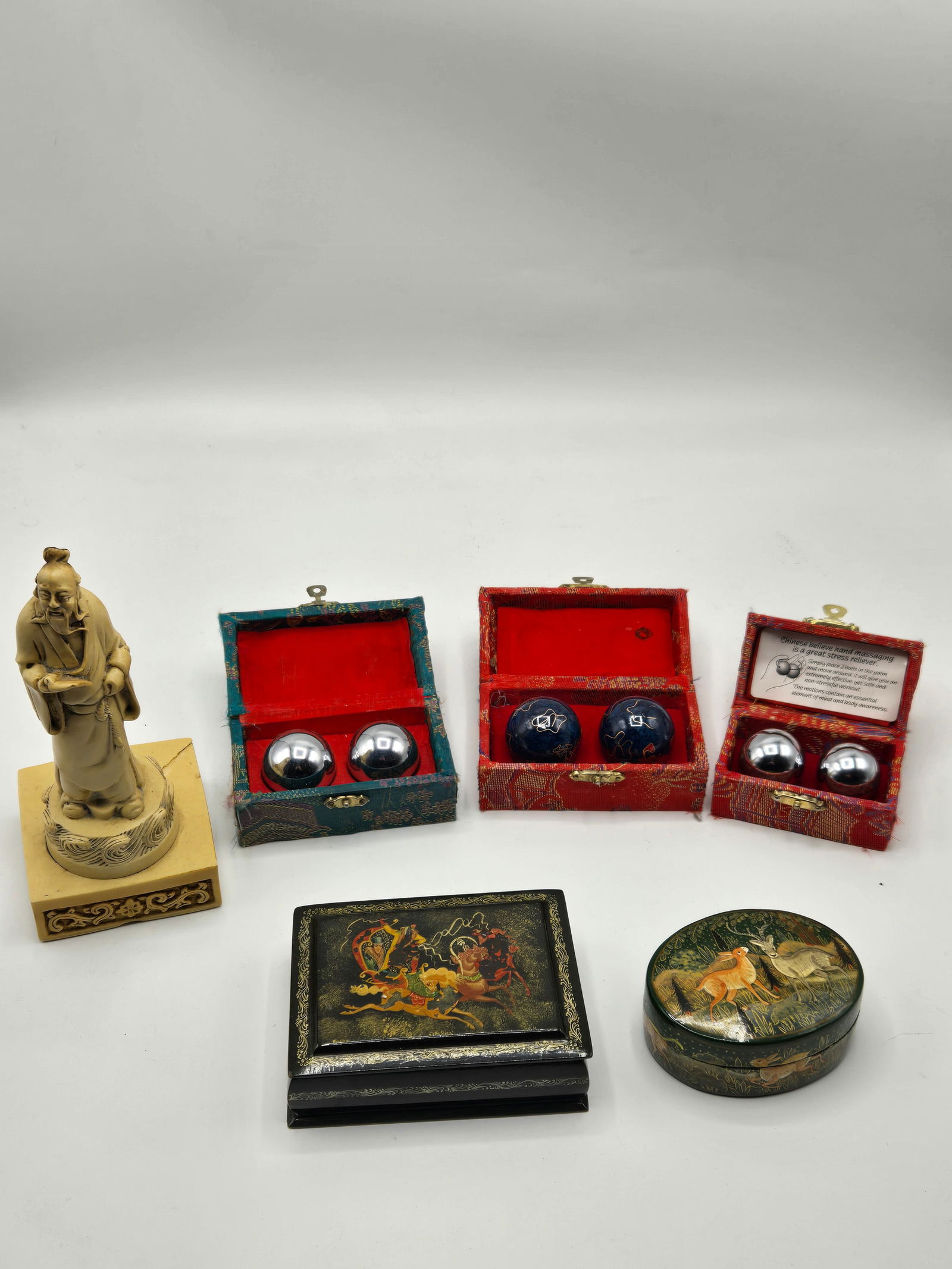 Two Covered Jars with Animal Themes: Two Covered Jars with Animal ThemesTwo Covered Jars with Animal Theme. Together with a group of 3 Hand Massaging sets and a figure of an elder man. Figure is 7.5" tall and possibly made of bone and ha