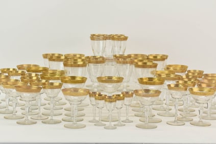 Assembled set of 62 Pieces Rambler Rose Gilt Decorated Stemware