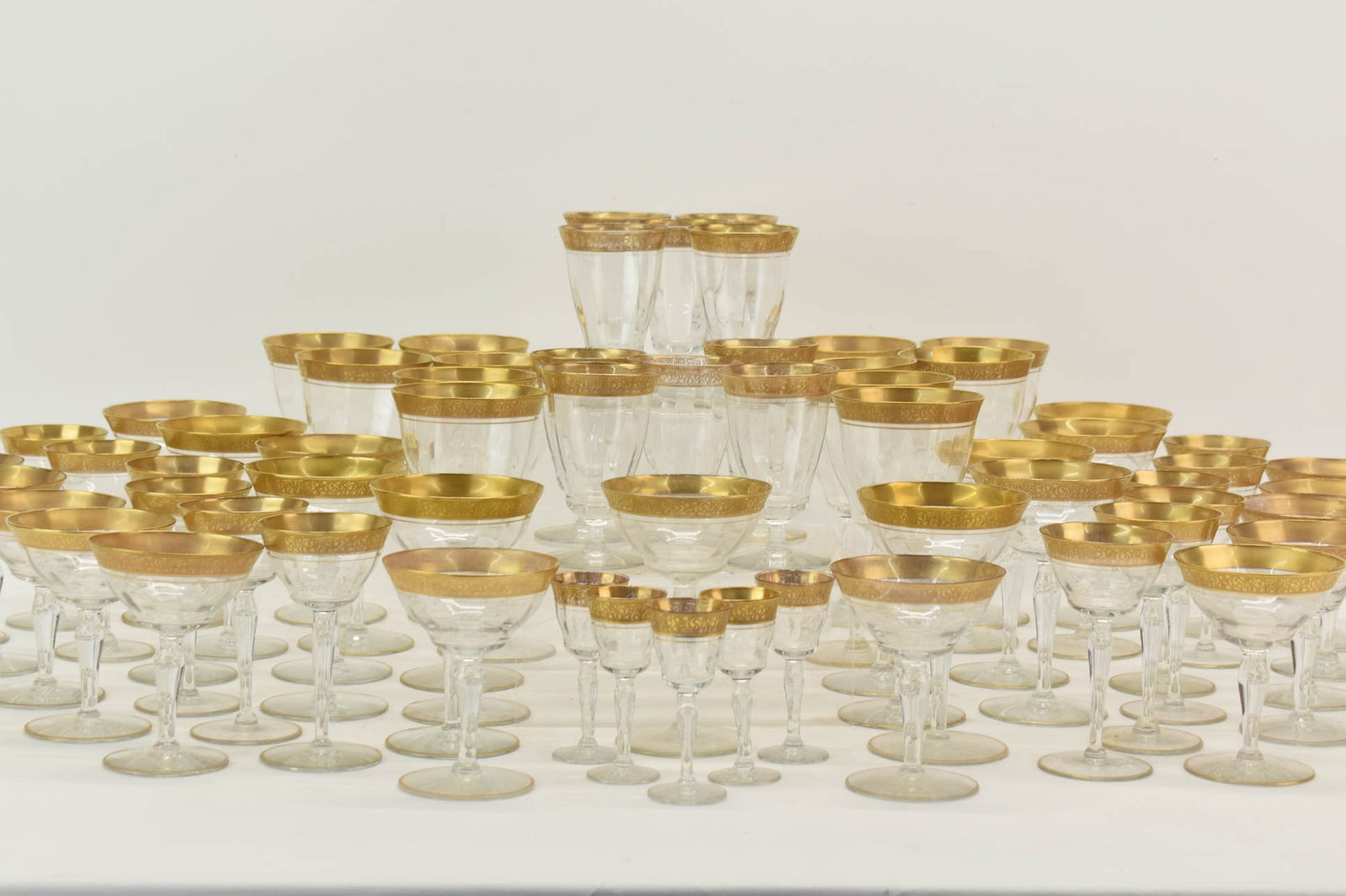 Assembled set of 62 Pieces Rambler Rose Gilt Decorated Stemware (1 of 8)