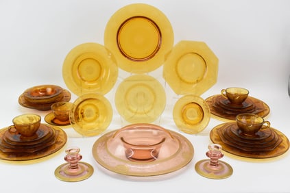 Group of Assorted Amber and Etched Glass Dinnerware