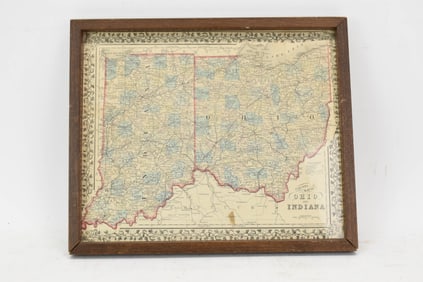Vintage Framed County Map of Ohio and Indiana