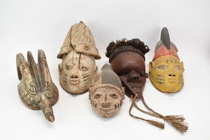 Five African Carved and Painted Wood Tribal Masks
