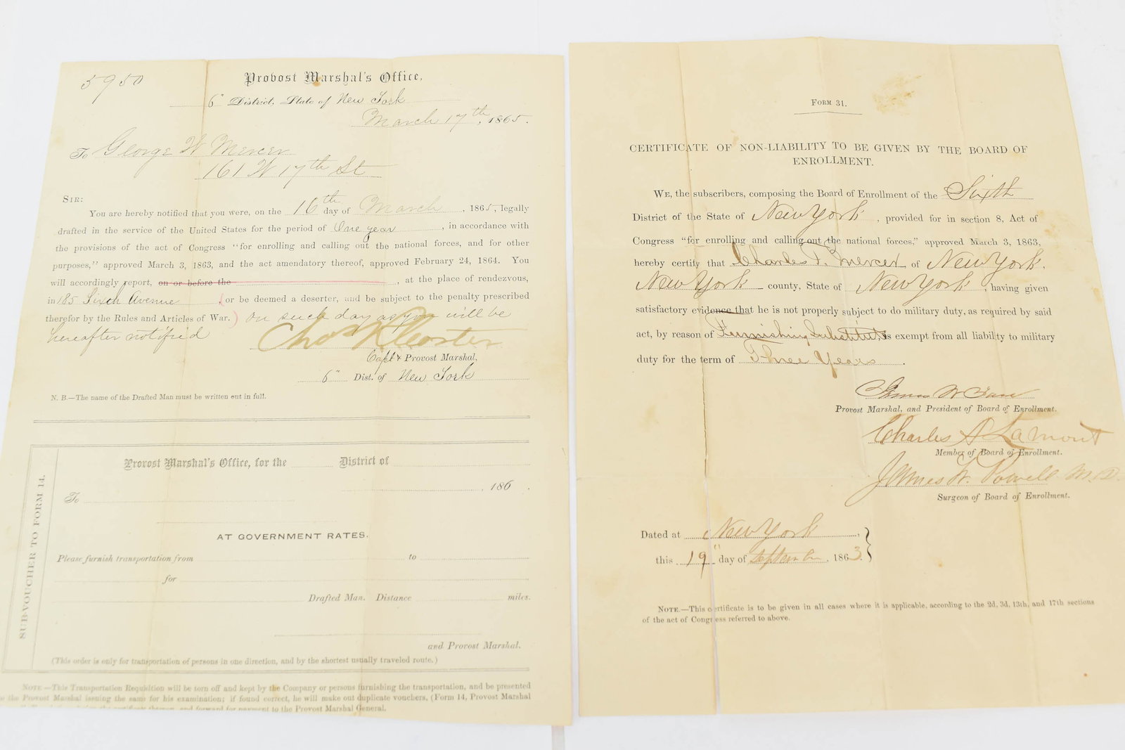1865 Civil War Draft Letter & 1863 Certificate of Non-Liability: 1865 Civil War Draft Letter & 1863 Certificate of Non-Liability 1865 Civil War Draft Letter & 1863 Certificate of Non-Liability for men from the Mercer Family, together with a receipt book from the Me