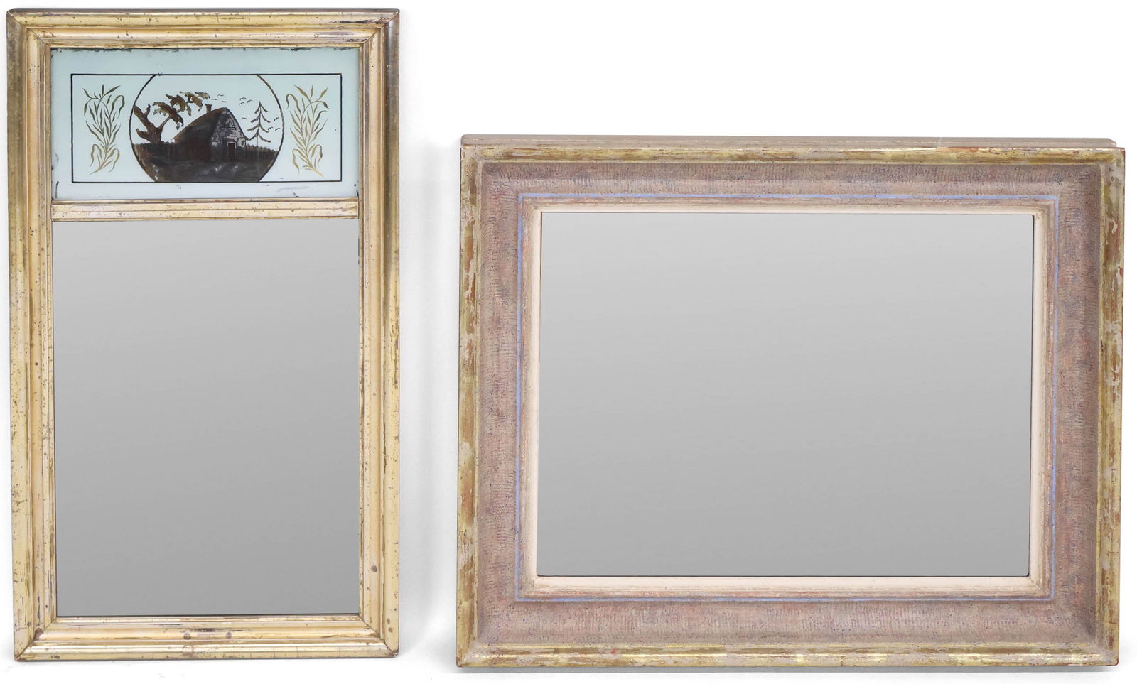 Late Federal Eglomise and Giltwood Mirror: Late Federal Eglomise and Giltwood MirrorSecond quarter, 19th C., American. Together with a contemporary framed fitted with a mirror plate.Provenance: Badura, New Hope, PA.27 1/2 x 15 in. (69.9 x 38.1
