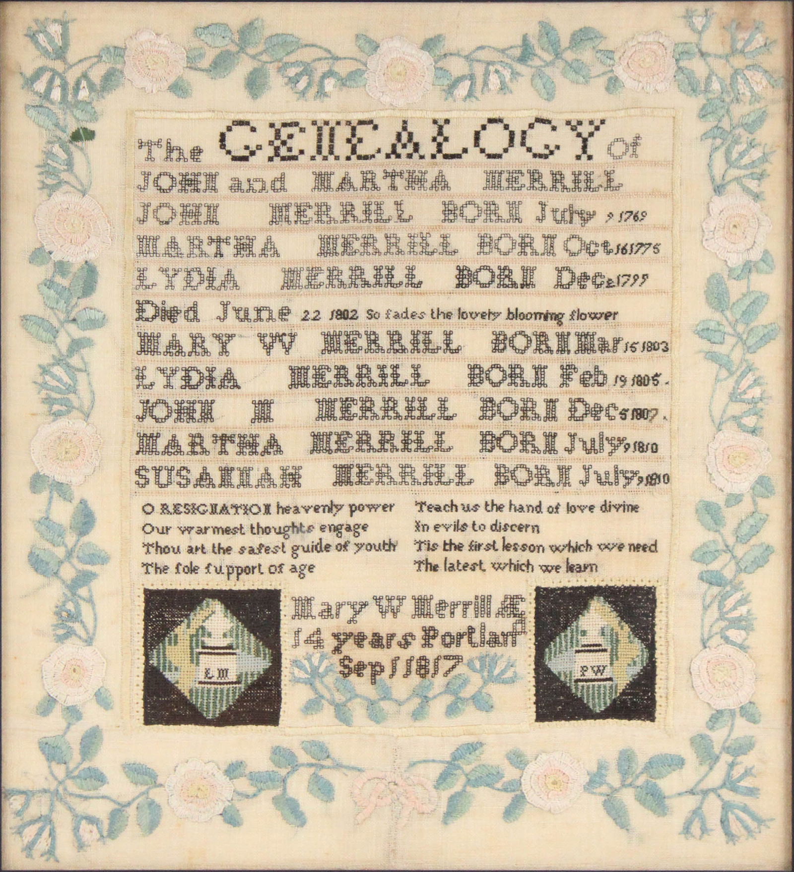 Silk on Linen, Merrill Family Genealogy Sampler (1 of 6)