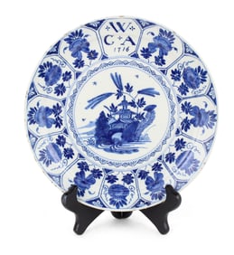 Blue and White Delft Tin-Glazed Earthenware Marriage Plate