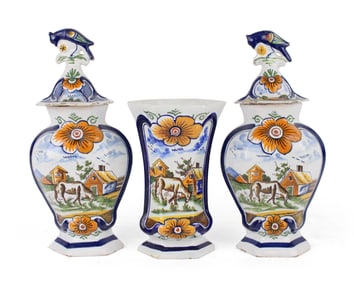 Polychrome-Decorated Three-Piece Delft Tin-Glazed Earthenware Garniture Set