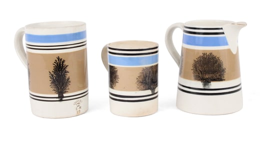 Group of Three Polychrome Seaweed-Decorated Mocha Hollowware