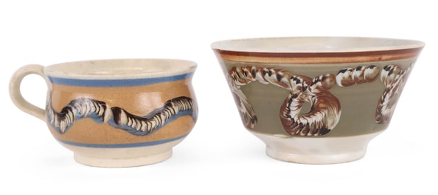 Two Polychrome and Earthworm-Decorated Mocha Hollowware