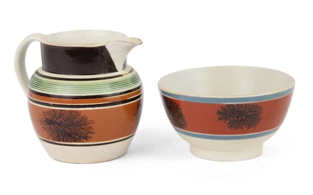 Two Polychrome and Seaweed-Decorated Mocha Hollowware