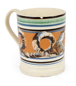 Polychrome and Earthworm-Decorated Mochaware Mug
