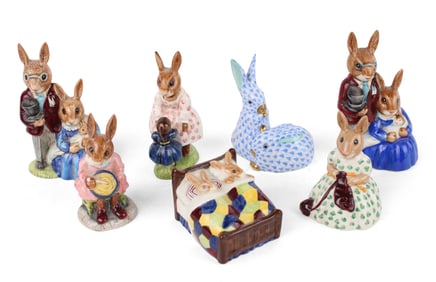 Herend Blue Fishnet Bunny Rabbit Figurine