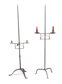 Wrought-Iron and Brass Two-Light Adjustable Candlestands