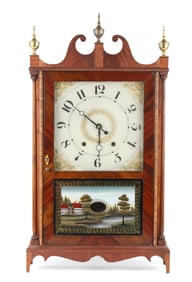 Federal Eglomise and Mahogany Pillar and Scroll Shelf Clock