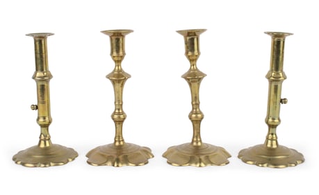 Two Pairs of Queen Anne Brass Candlesticks